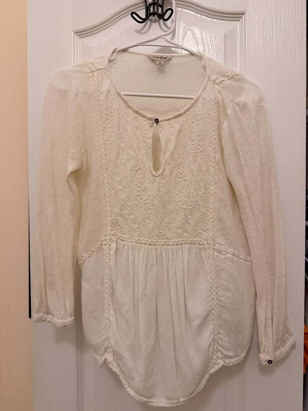 Lucky Brand Embroidered Peasant Blouse Size S Ivory Long Sleeve Boho Top